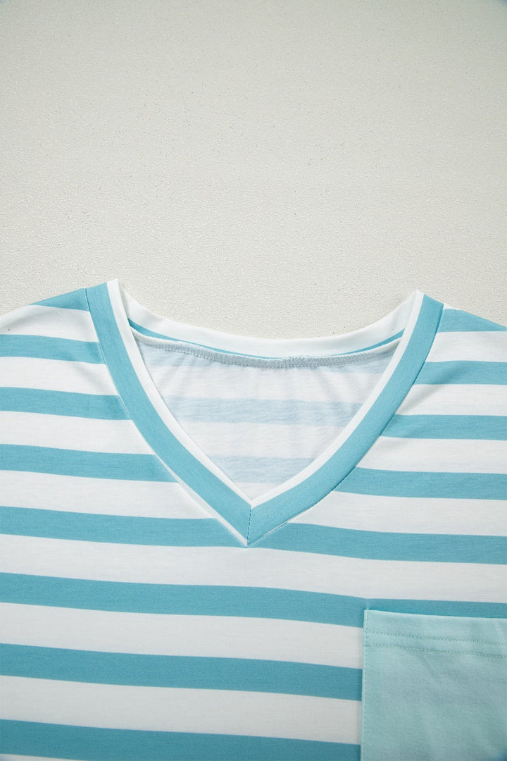 Stripe V Neck Patched Pocket Casual T Shirt