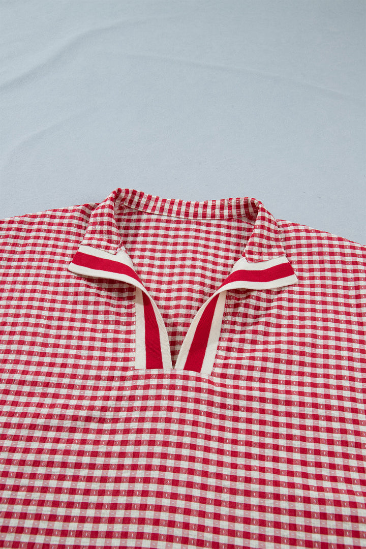 Red Plaid Short Sleeve Colorblock Trim Split Neck Blouse