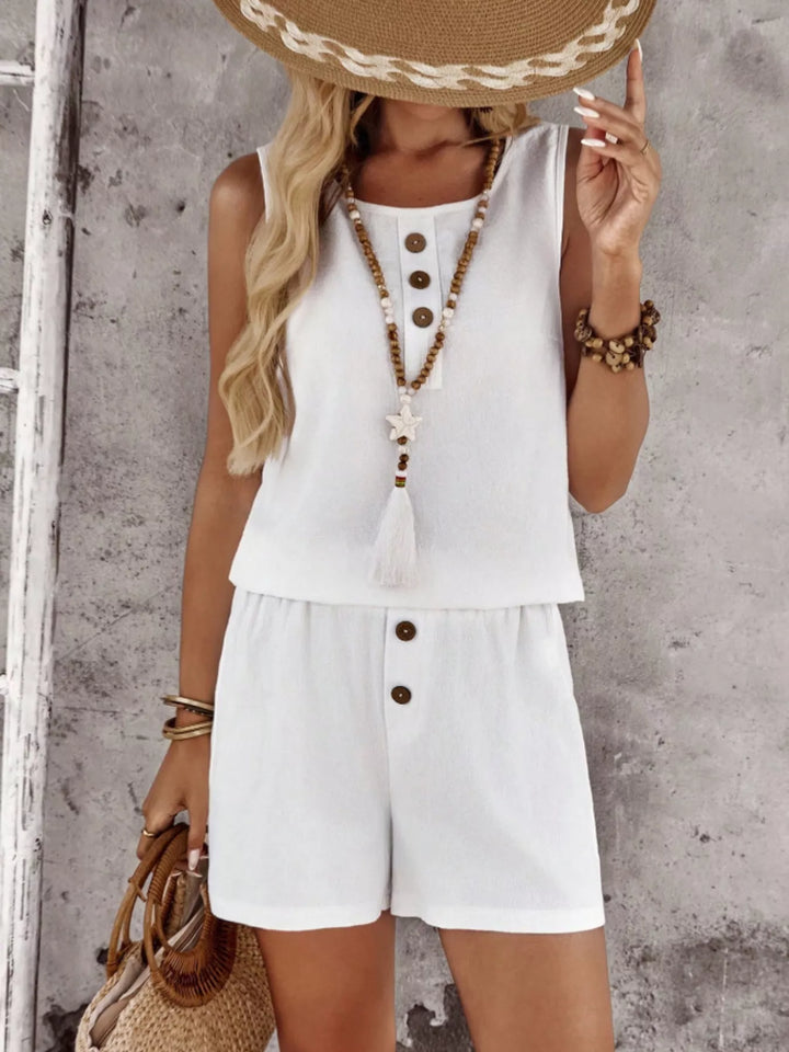 Decor Button Round Neck Tank and Shorts Set