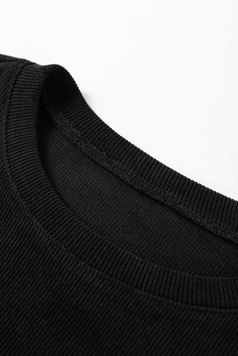 Black Solid Color Textured Knit Drop Shoulder Pullover Drawstring Shorts Set