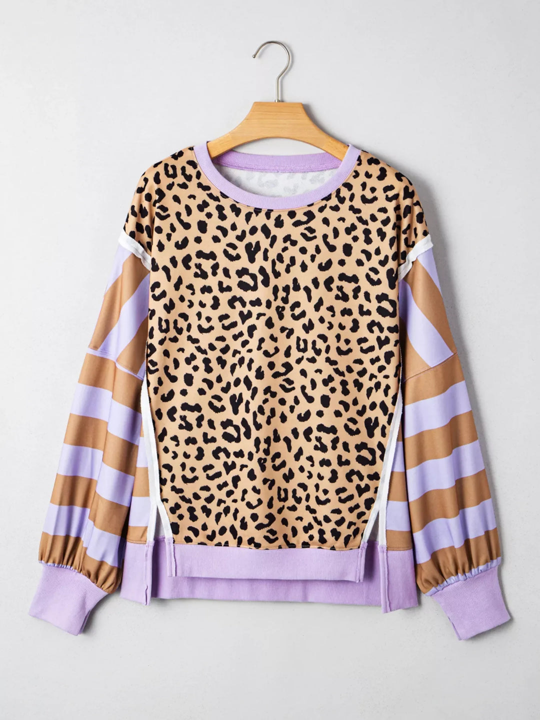 Stripe Color Block Patchwork Leopard Casual Sweatshirt with Slits