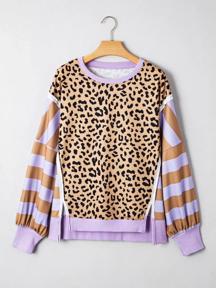 Stripe Color Block Patchwork Leopard Casual Sweatshirt with Slits