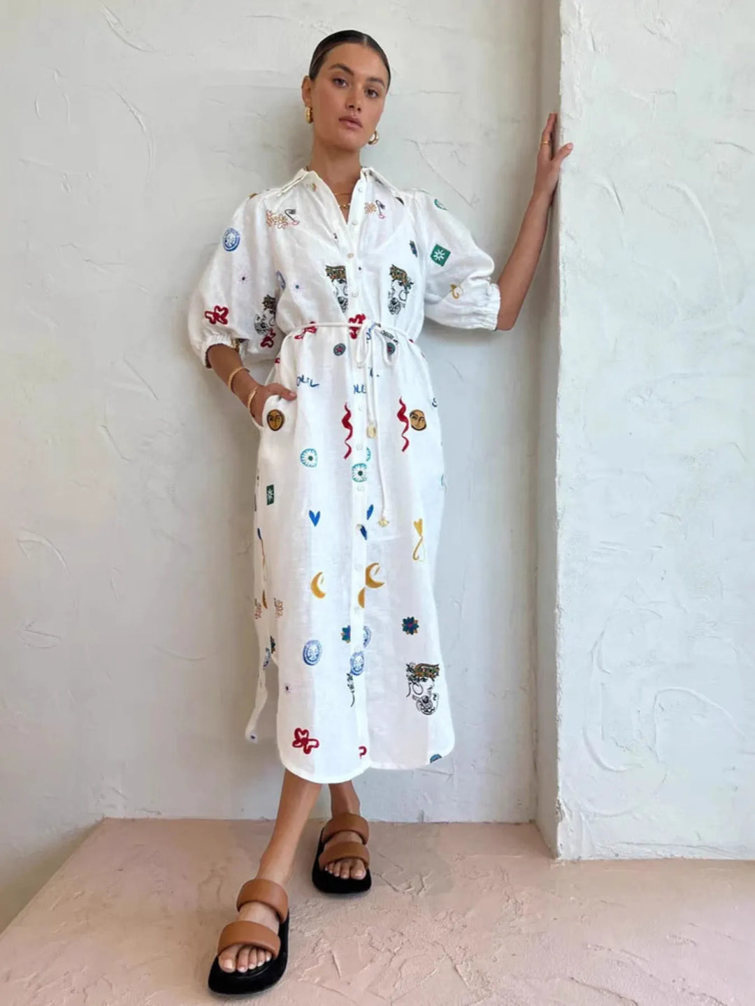 Printed Button Up Midi Shirt Dress