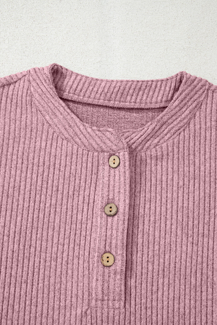 Pink Ribbed Texture Drop Shoulder Henley Knit Top