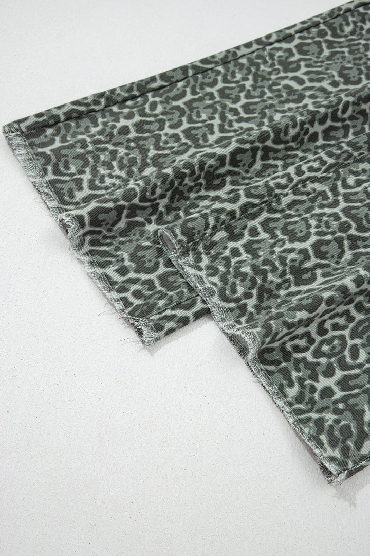 Gray Leopard Frayed Edge Wide Leg High Waist Jeans