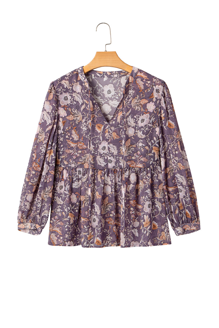 Blue Boho Flower Print 3/4 Sleeve Babydoll Blouse