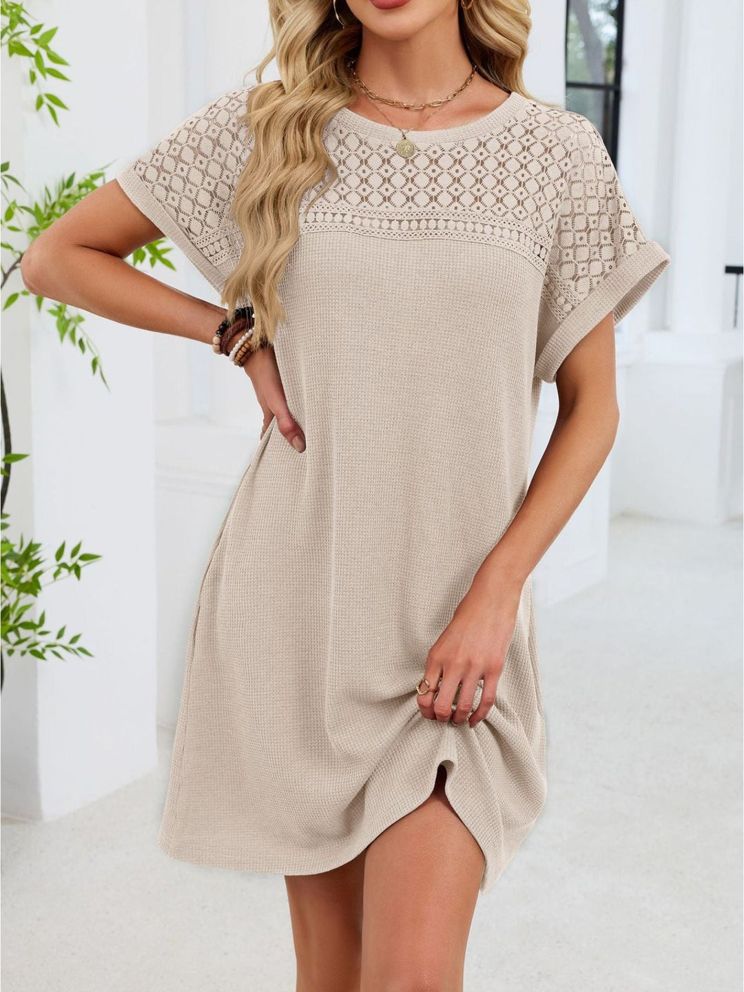 Lace Round Neck Short Sleeve T-Shirt Dress