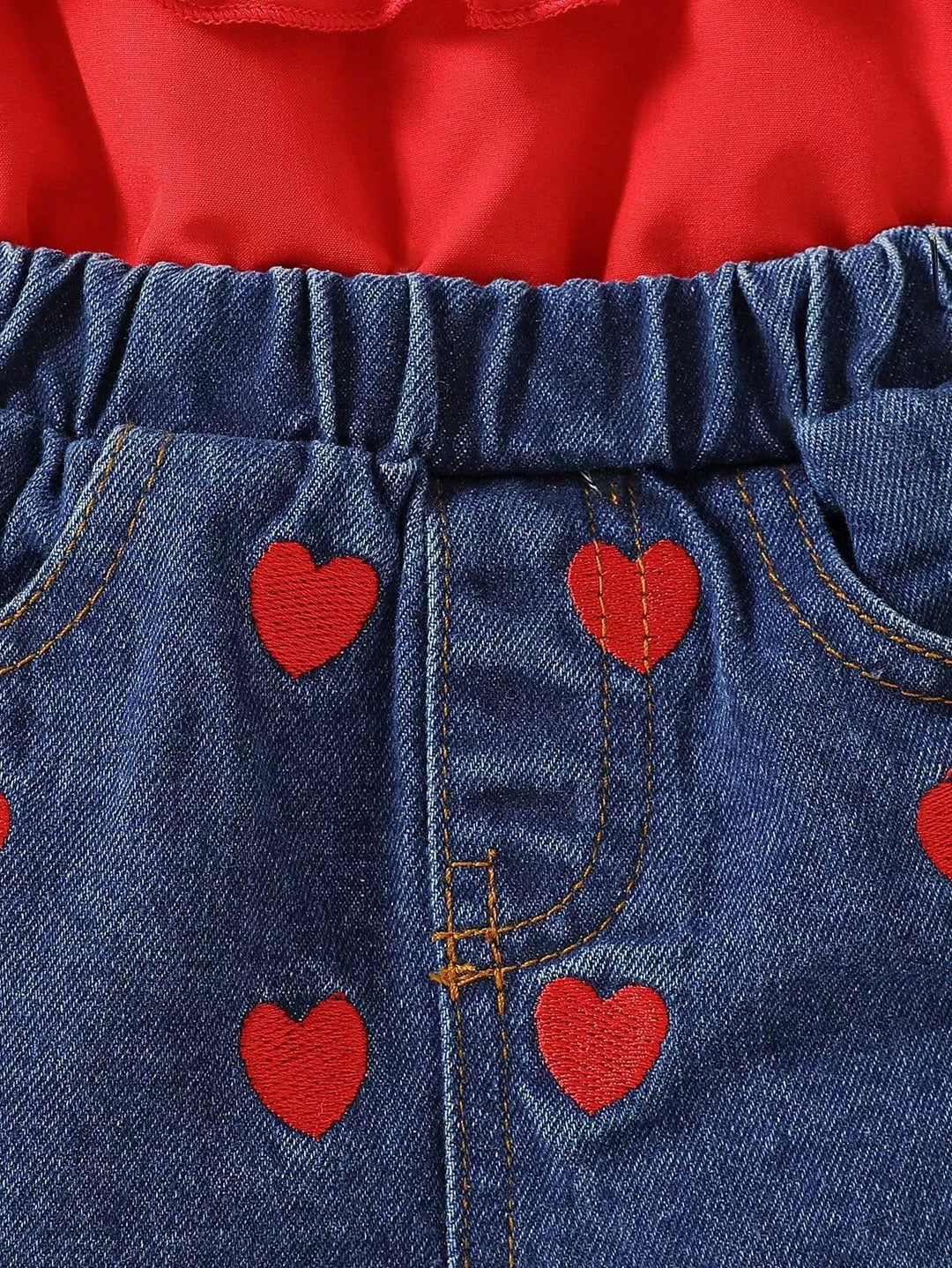 Children's Ruffled Top & Heart Embroidered Denim Shorts Set