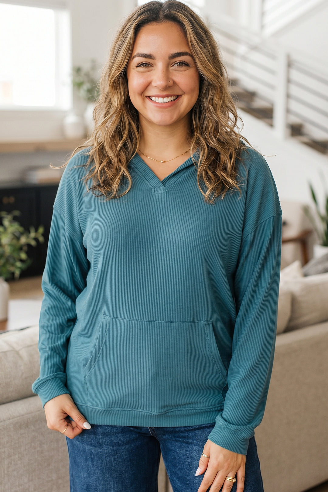 Lapis Ribbed Drop Shoulder Long Sleeve Plus Size Blouse