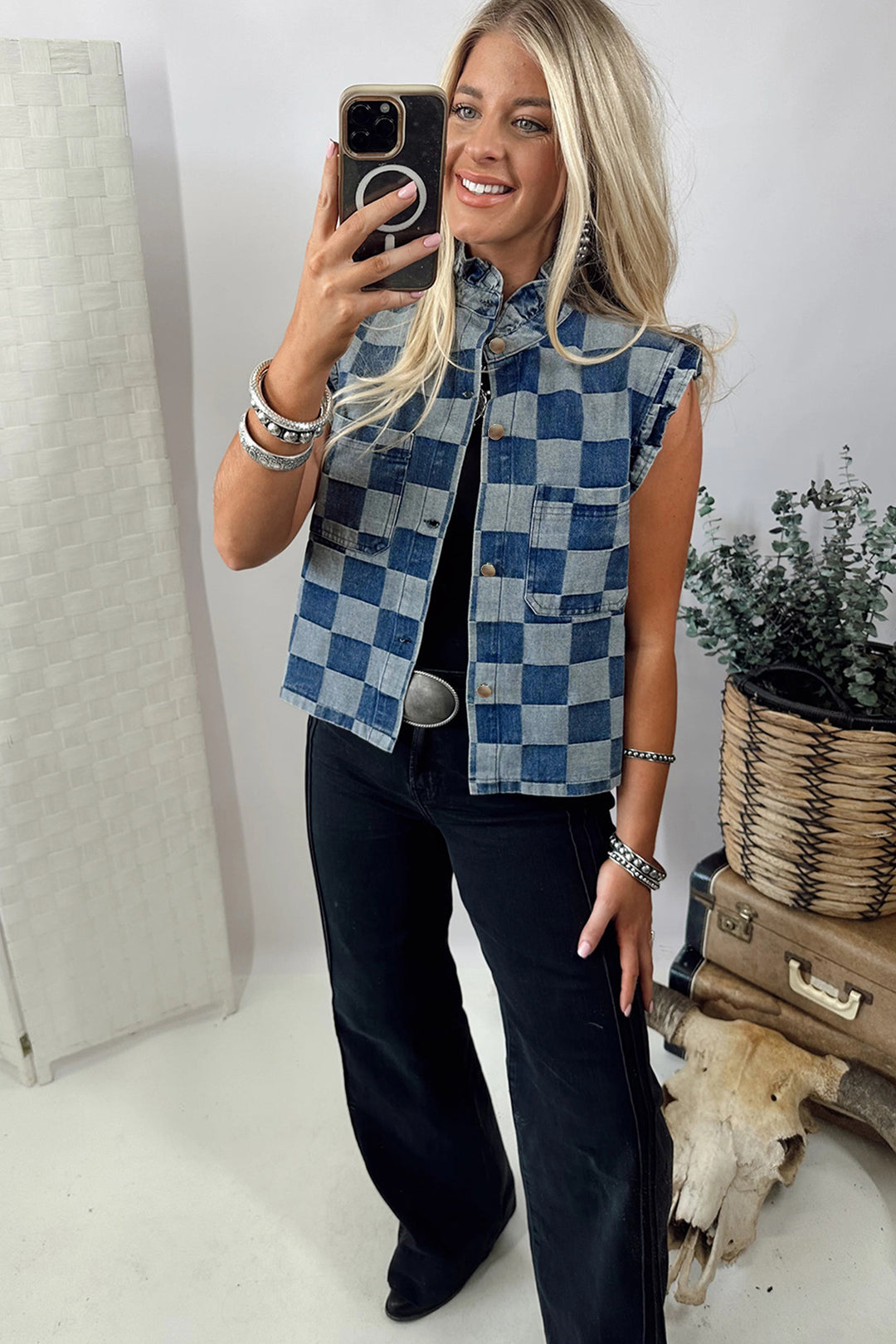 Beau Blue Checkered Ruffle Trim Button Down Denim Vest