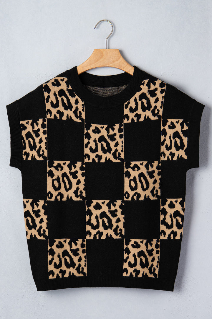 Black Leopard Checkerboard Short Sleeve Knit Sweater