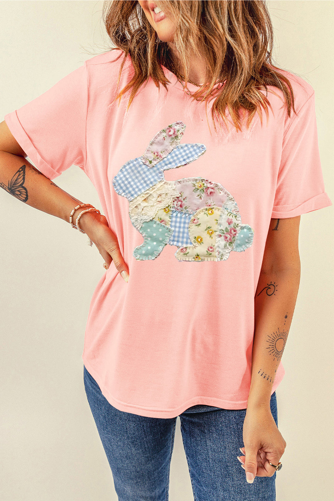 Pink Vibrant Easter Bunny Patchwork Printed T Shirt