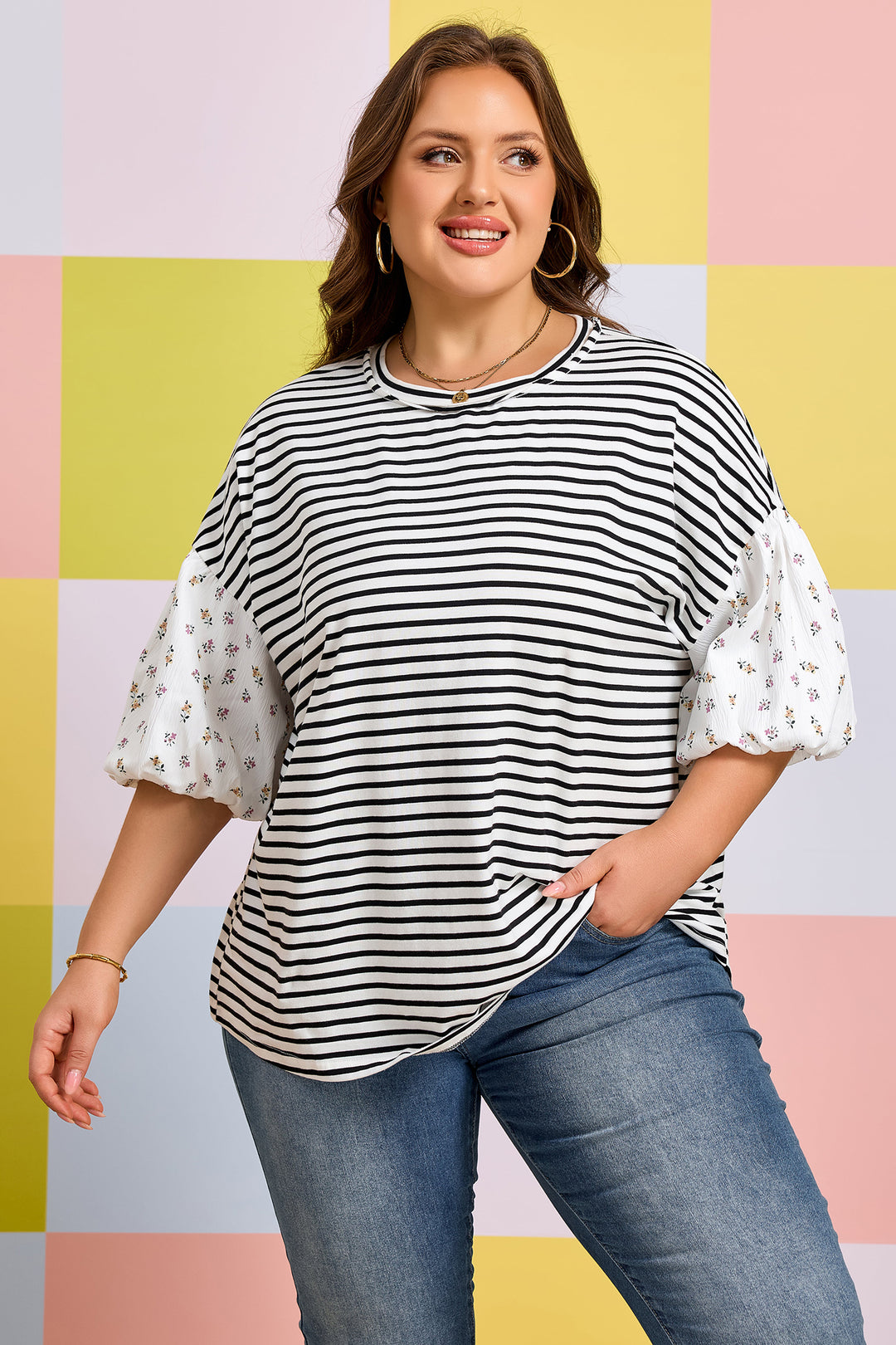 Black Stripe Plus Size Striped Short Sleeve Top with Floral Puff Sleeves