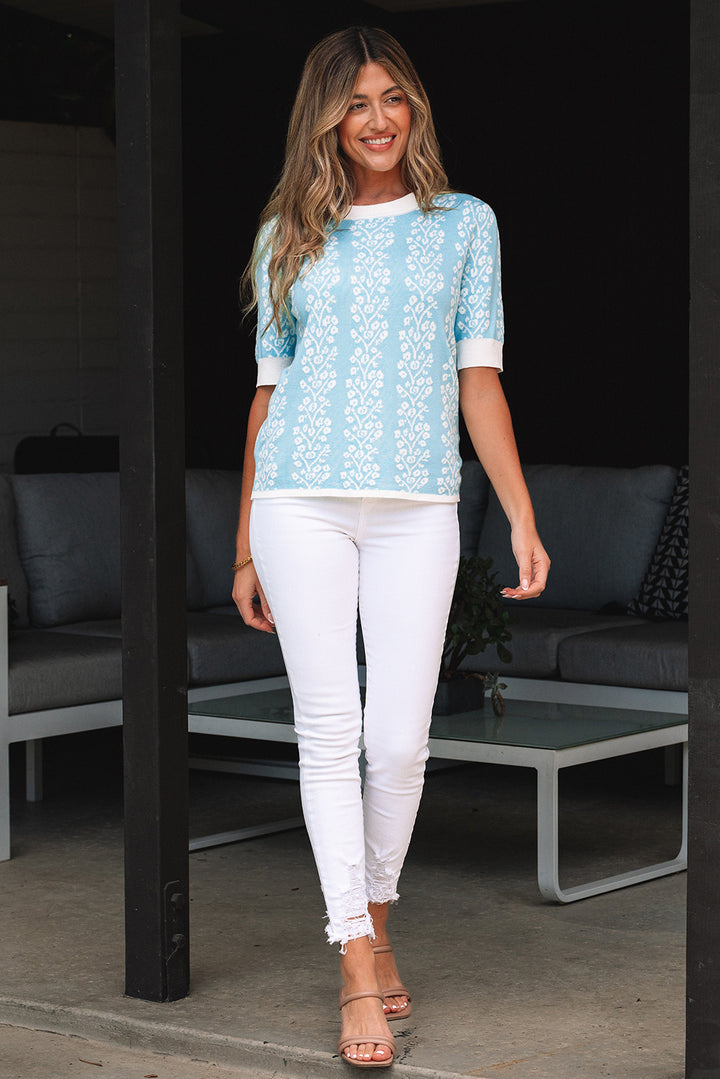 Sky Blue Contrast Floral Crewneck Short Sleeve Sweater