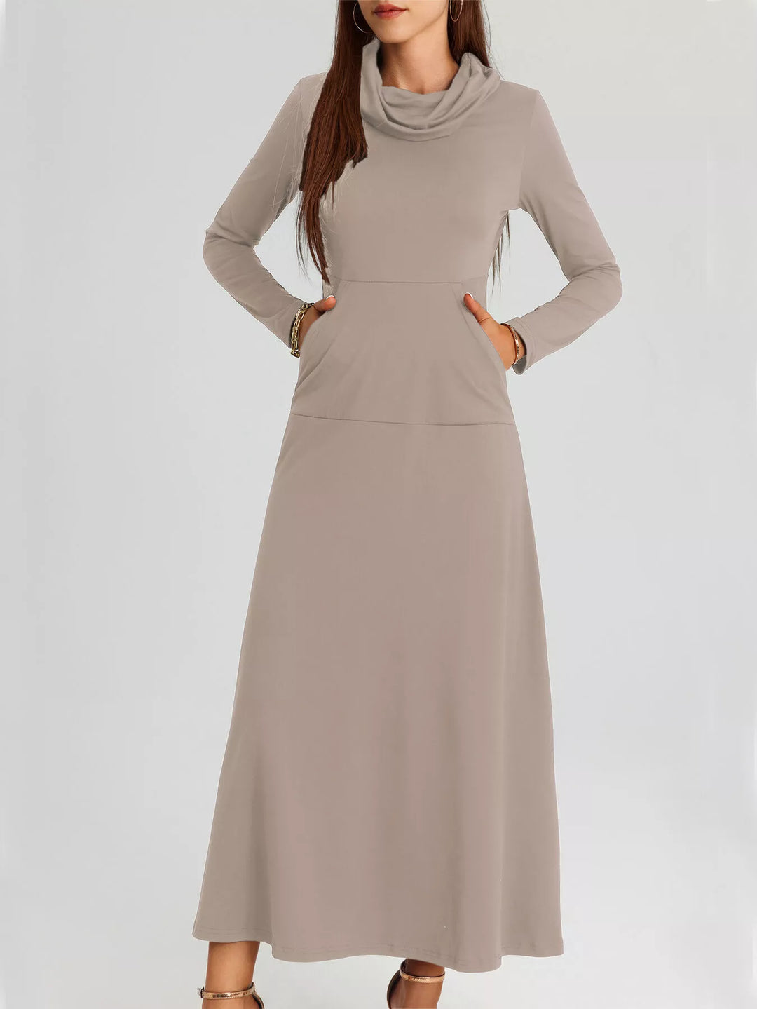 Cowl Neck Long Sleeve Midi Dress
