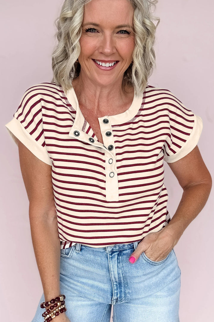 Red Stripe Half Buttons Round Neck T Shirt
