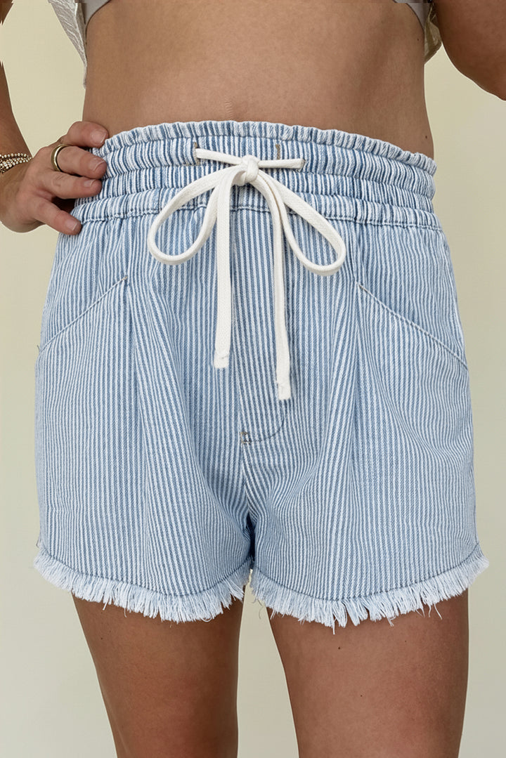 Sky Blue Stripe Raw Edge Drawstring Elastic Waist Casual Denim Shorts