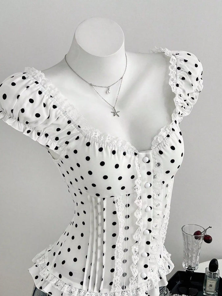 Polka Dot Lace Trim Cap Sleeve Blouse