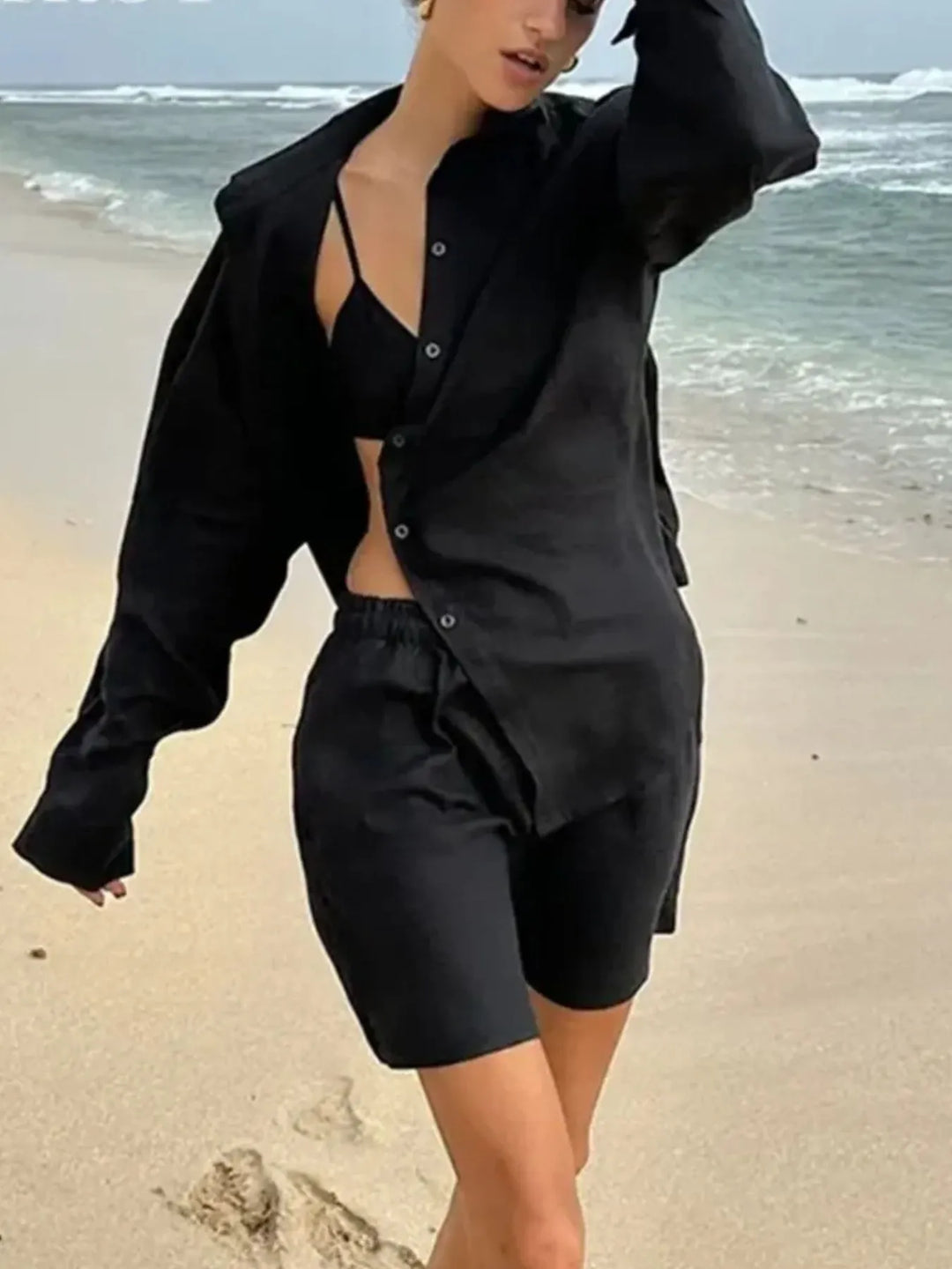 Button Up Long Sleeve Shirt and Shorts Set