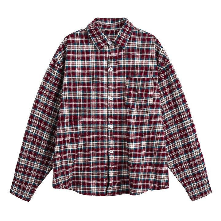 Mens American-Style Retro Color-Block Plaid Long-Sleeve Shirt