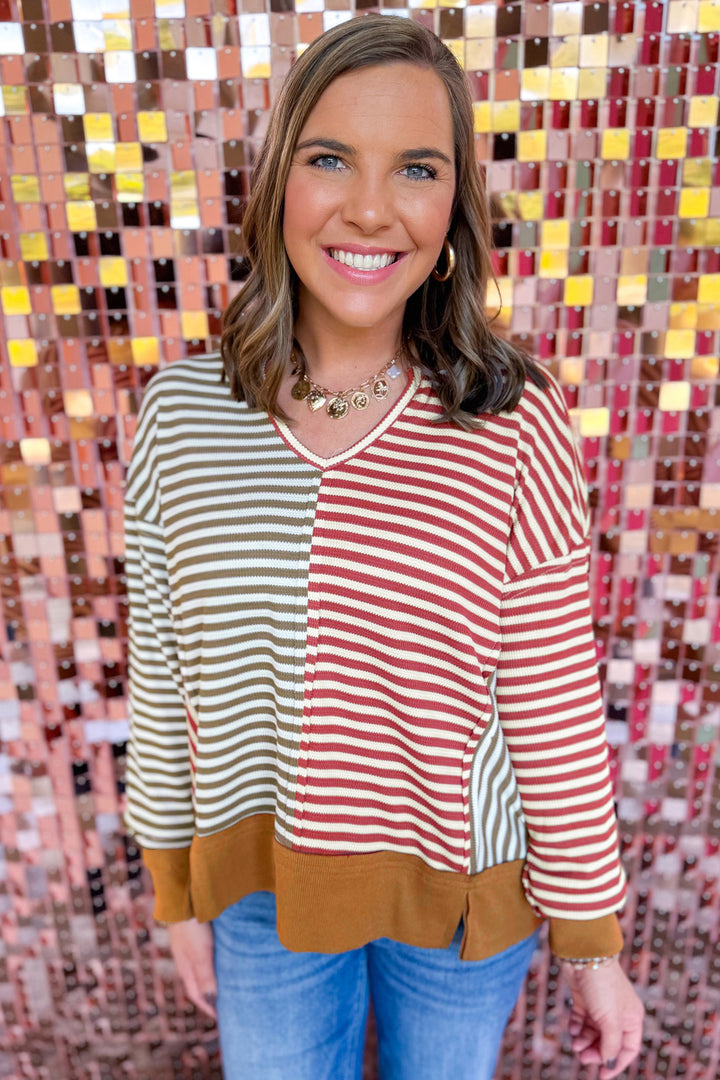 Brown Stripe Striped Colorblock V Neck Oversized Long Sleeve Plus Size Blouse