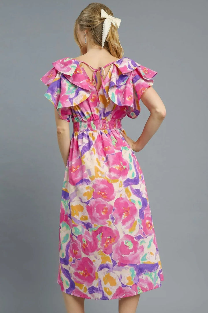 Umgee Floral Ruffled Cap Sleeve Midi Dress