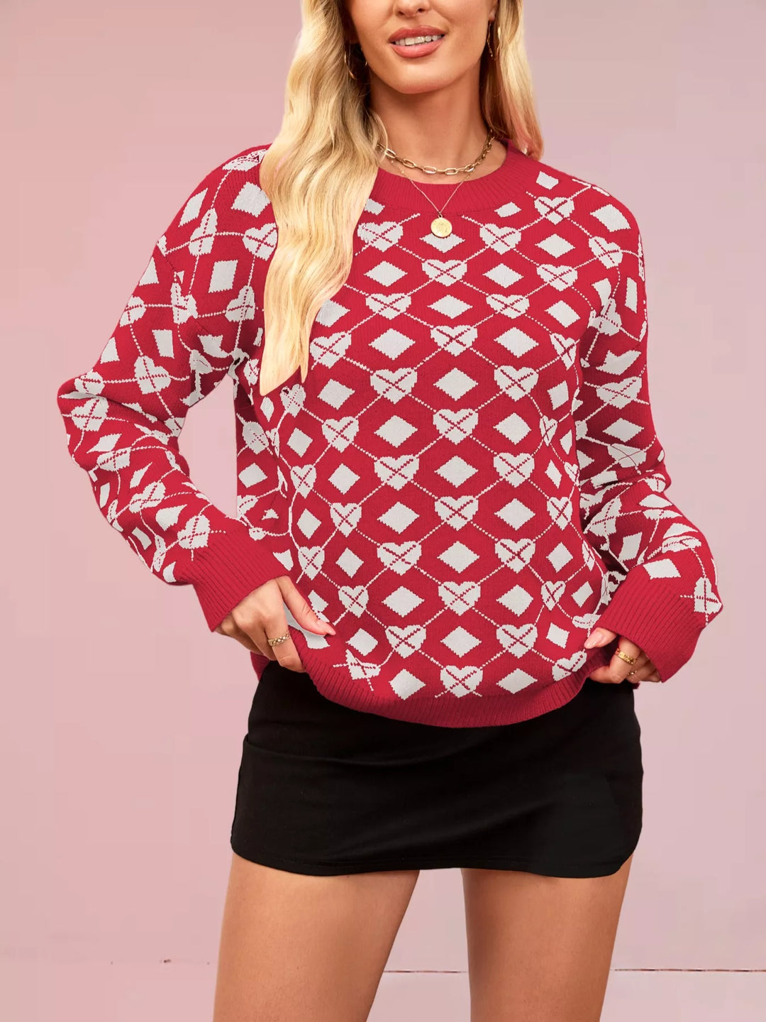 Heart & Diamond Pattern Long Sleeve Sweater