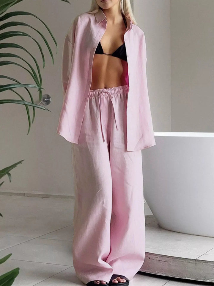 Relaxed Fit Button Up Shirt and Pants Two-Piece Set