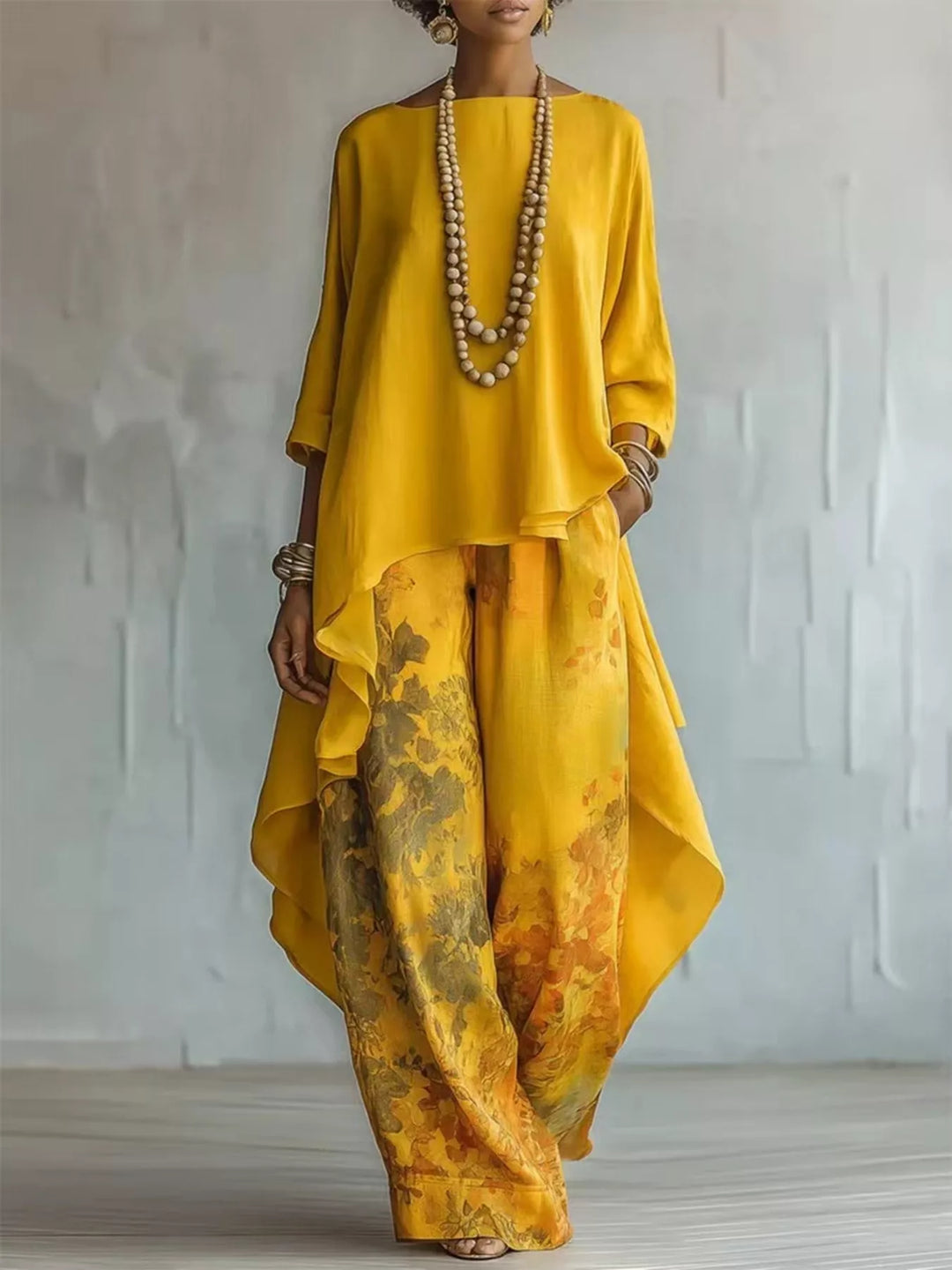 Asymmetrical Hem Top and Floral Pants Set