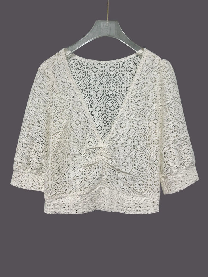 Ruched V-Neck Openwork Crop Knit Top