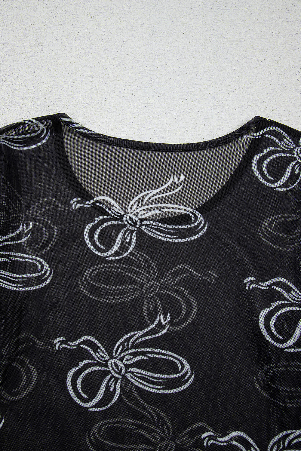 Black Round Neck Bow Print Long Sleeve Mesh Top