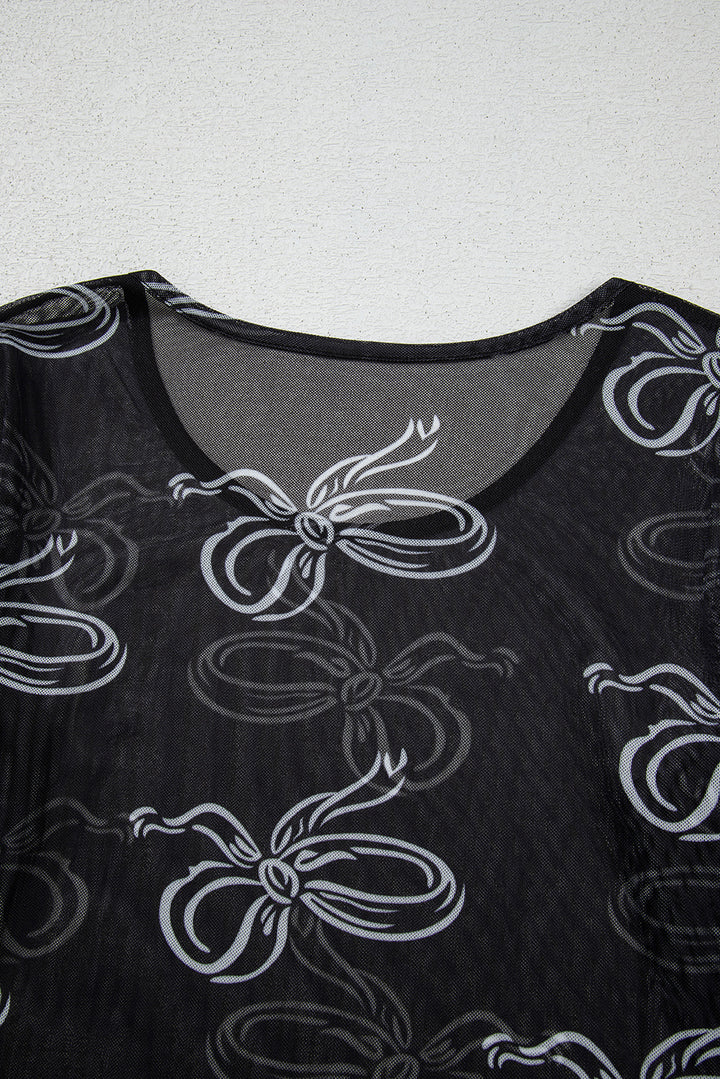 Black Round Neck Bow Print Long Sleeve Mesh Top