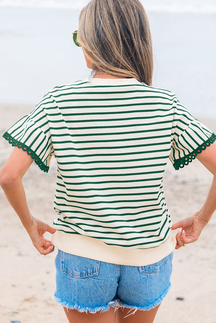 Green Stripe Scallop Lace Trim Ruffle Short Sleeves Crewneck Top