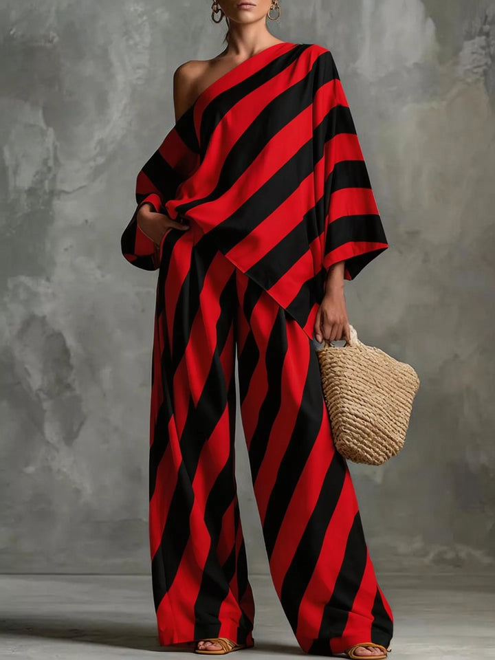 Full Size One-Shoulder Striped Top and Wide-Leg Pants Set Plus Size