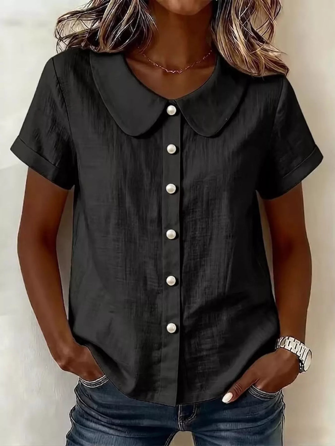 Peter Pan Collar Pearl Button Short Sleeve Shirt