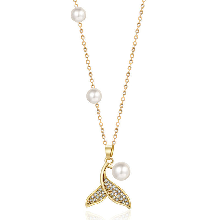 Dainty Mermaid Tail Pearl Necklace For Women, Shell Inlay Adjustable Collarbone Chain, Elegant Long Sweater Chain Ocean Fashion Jewelry