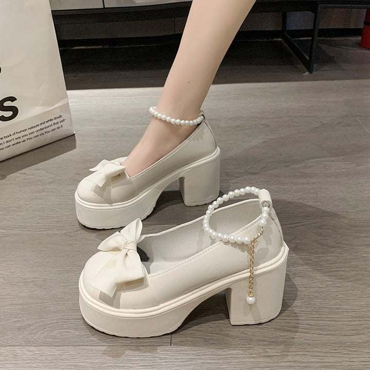 Pearl Bow High-heeled Leather Shoes