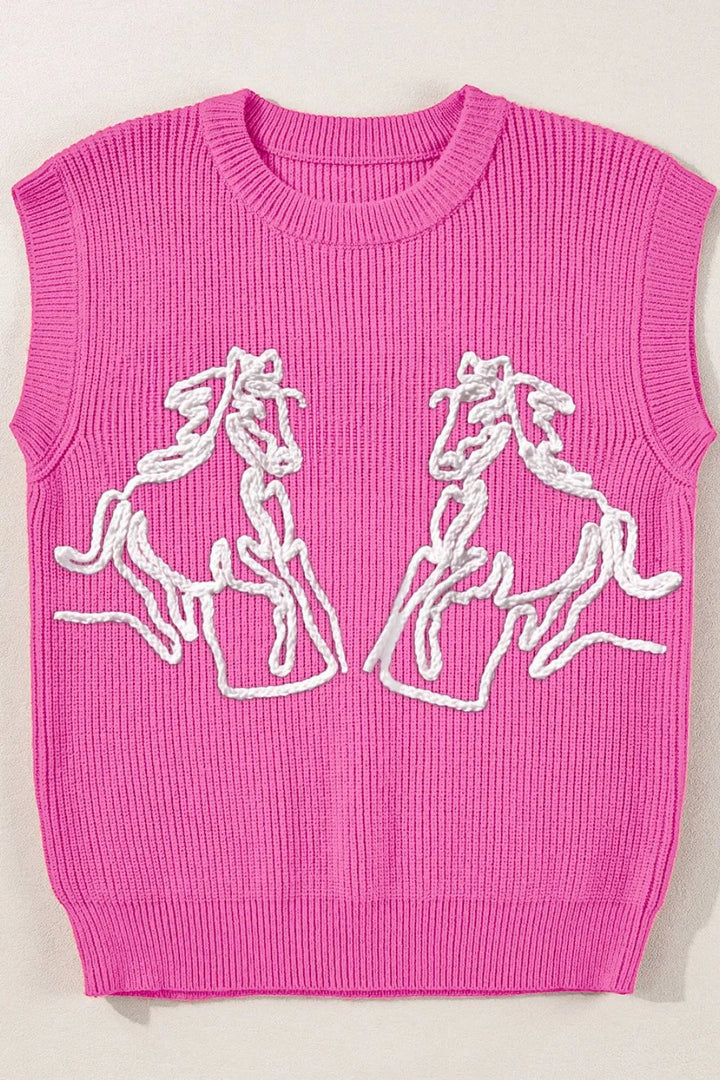 Western Horse Embroidered Round Neck Sweater