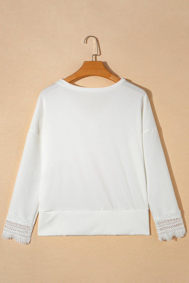 White Ribbed Texture Lace Trim V Neck Long Sleeve Top