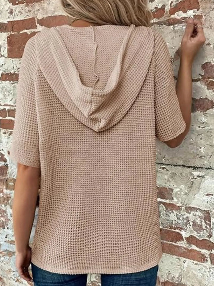 Drawstring Waffle-Knit Short Sleeve Hooded Top
