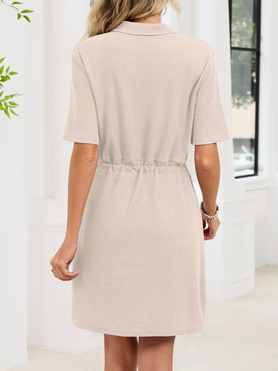 Casual Knit Polo Collar Drawstring Waist Dress