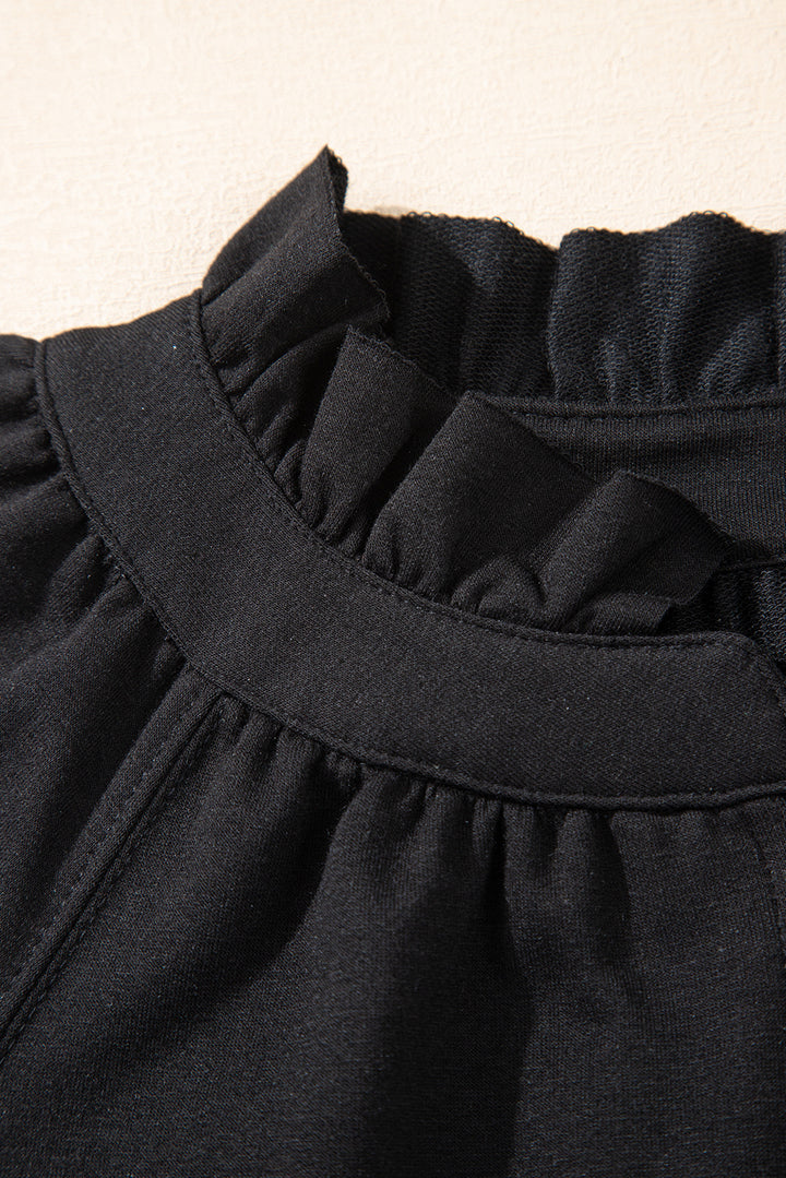 Black Half Zip Puff Sleeve Top and Ruffled Shorts Set