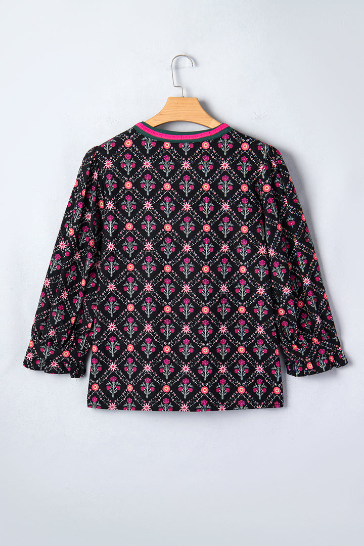Black Contrast V Neckline Bracelet Sleeve Vintage Floral Blouse