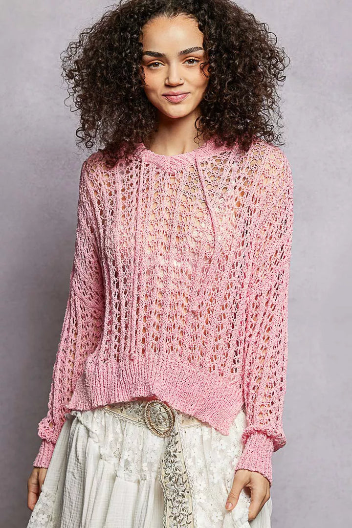 POL Openwork Round Neck High Low Knit Top