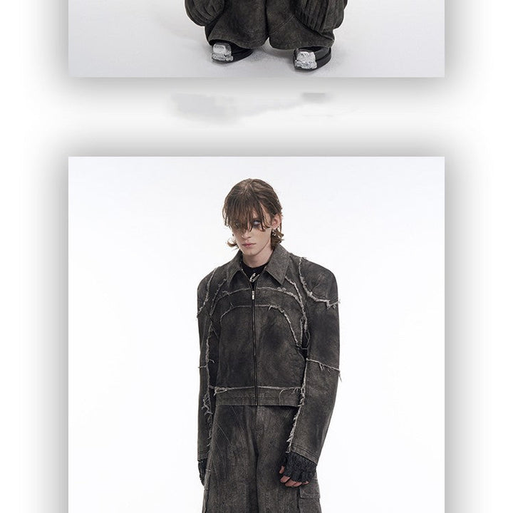 Short Gray Padded Shoulder Denim Coat