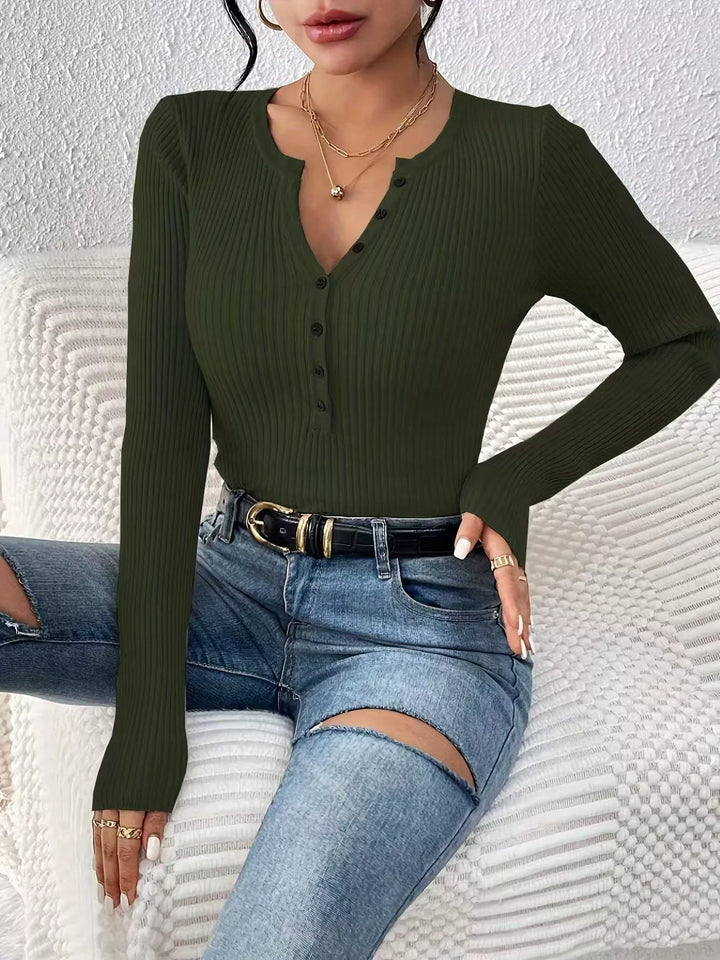 Ribbed Knit Button Front Knit Top
