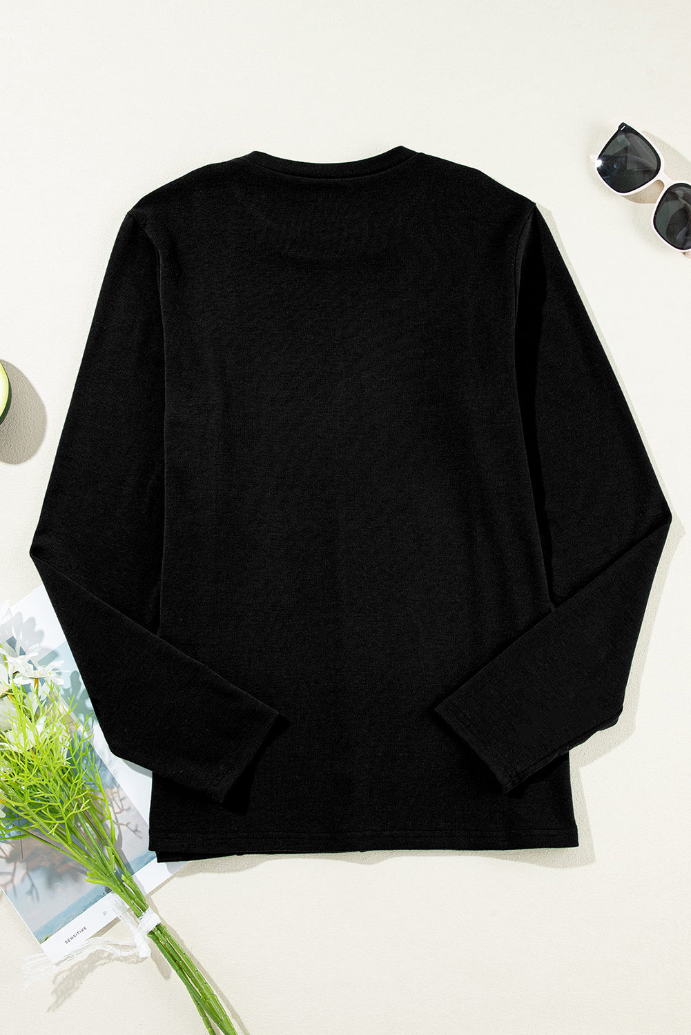 Black Solid Exposed Seam Crew Neck Long Sleeve Top