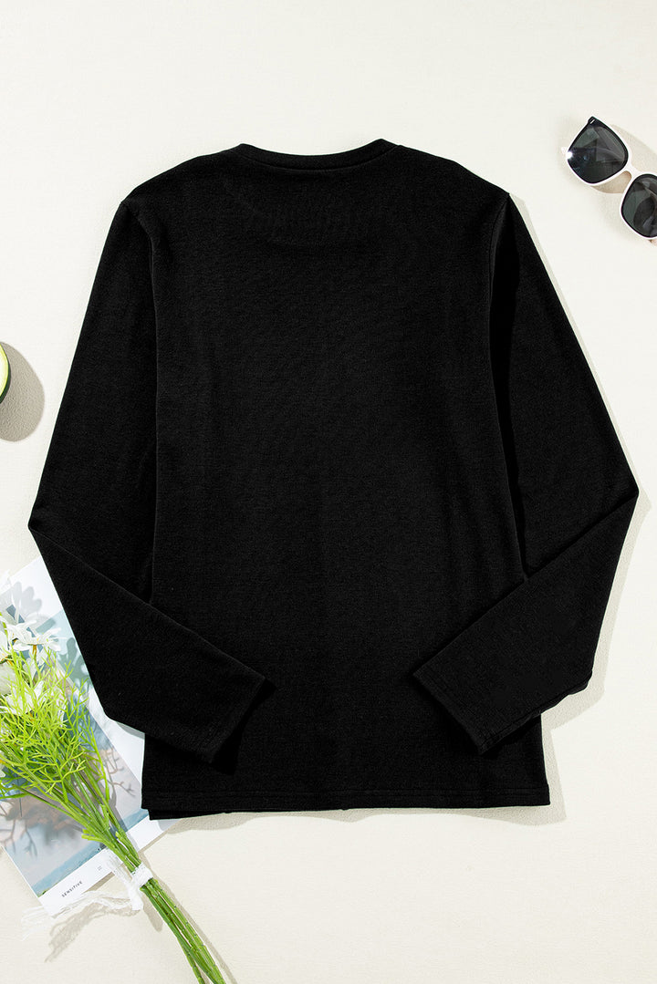 Black Solid Exposed Seam Crew Neck Long Sleeve Top