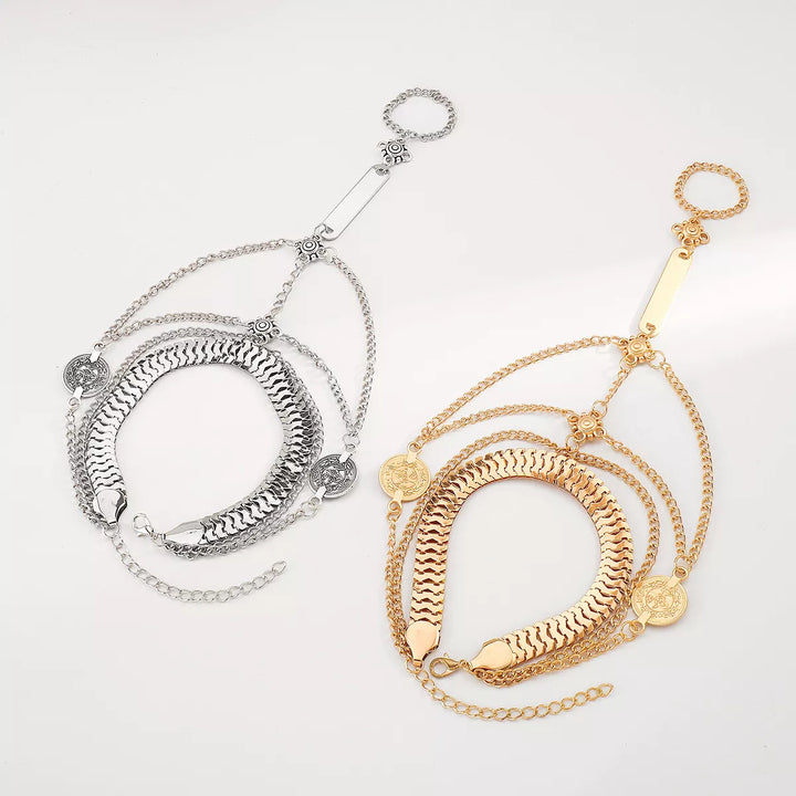 Multi Layered Chain Bracelet with Finger Ring