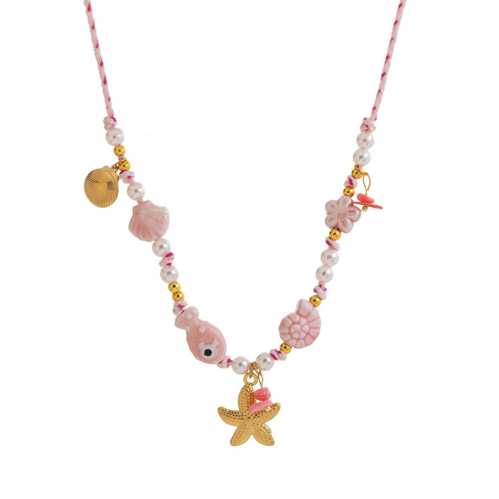 Colored Fabric Fan-shaped Seashell Electroplated 18k Gold Necklace And Bracelet